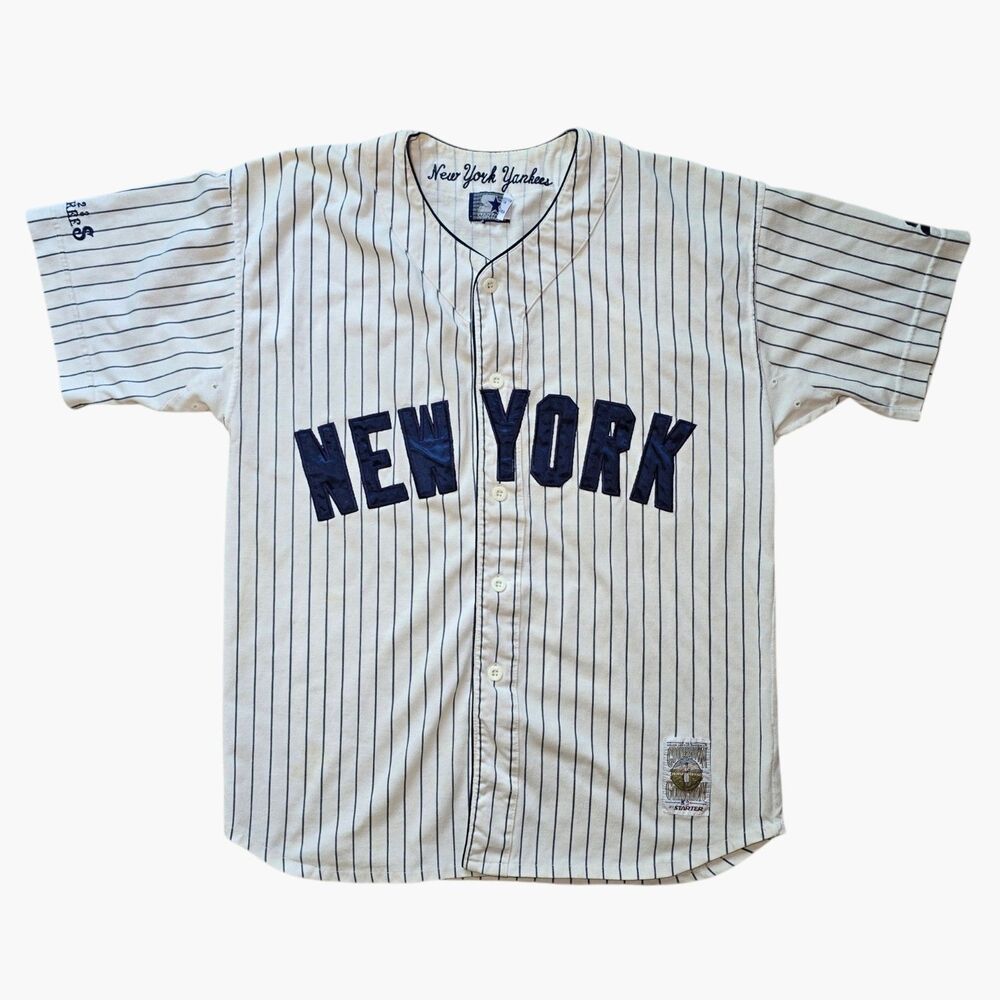 Vintage Starter New York Yankees Jersey Mens Large Pinstripe Cooperstown Flaws